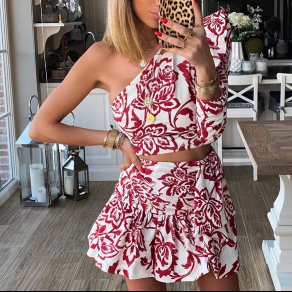 Zara Bloggers Favorite Print Poplin One Shoulder Top + Mini Skirt Set Size S